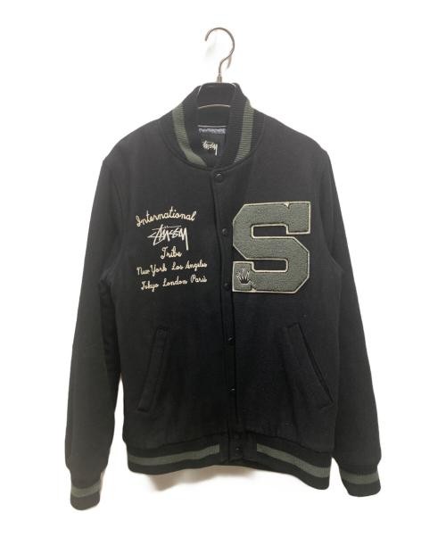 Stussy S Letterman Varsity Jacket Black Leather Sleeves Pre-Owned
