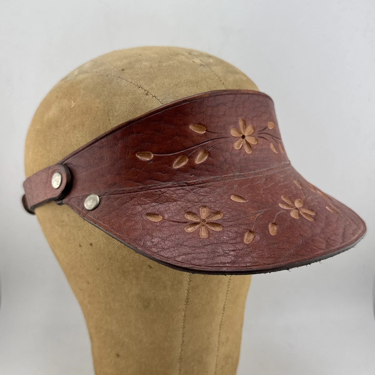 Vintage hand tooled leather boho hat Hand burned hat design with horseshoe and flowers main image 3