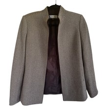 Tahari ASL Brown Cream Herringbone Striped Open Front Blazer Jacket Size 8