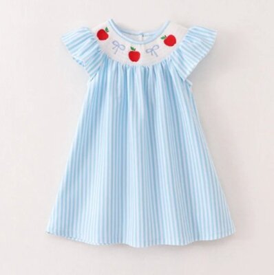 NEW Boutique Back to School Smocked Apple Girls Blue Dress