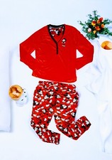 Disney MICKEY MOUSE 2 Piece Red Fleece Pajama Set Long Sleeve Top Pants LARGE