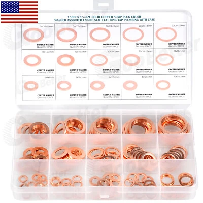 GOOBETTER 150x M5-M22 Copper Crush Washer Gasket Set Flat Ring Seal Assortment Kit O-Ring