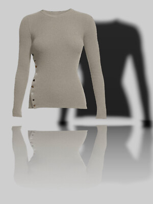 $396 Neiman Marcus Womens Beige Ribbed Side-Button Pullover Sweater Size L