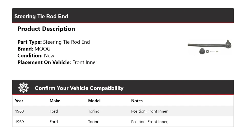 Barra de amarre de dirección delantera interior MOOG para Ford Torino 1968-1969 Foto 2 de 4