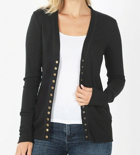 Women Snap Button Front V-Neck Soft Stretch Rayon Blend Fabric Sweater Cardigan - Picture 8 of 64
