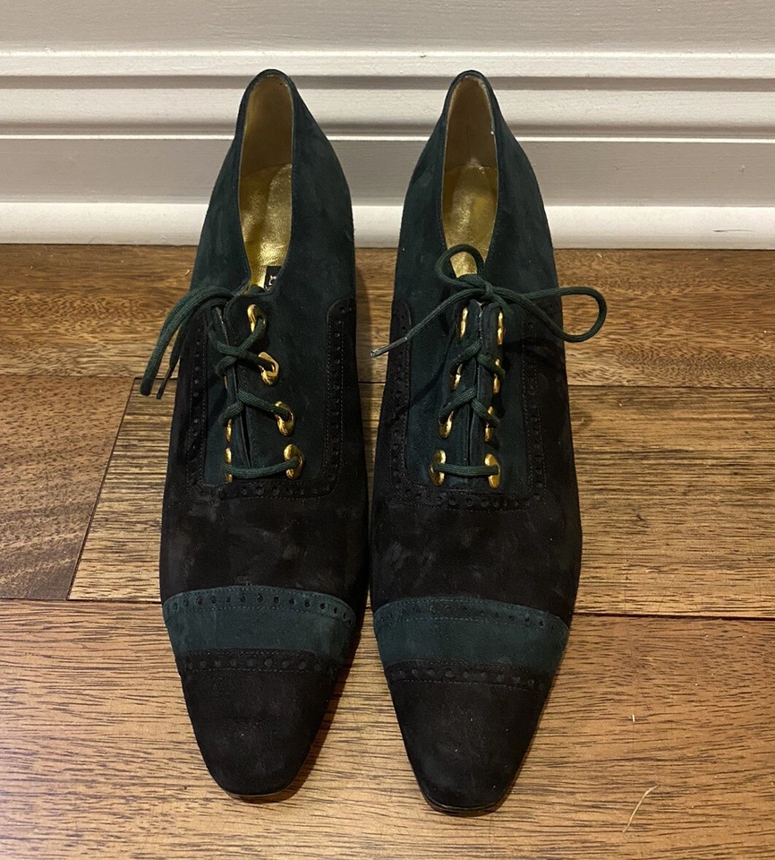 ESCADA Suede Lace Up High Heels Sz 11 AA Black Green - Image 2 of 4