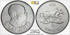 1978  5 KWACHA MALAWI (SILVER) ZEBRAS   PCGS MS69 #47588955  TOP POP!  1 OF 2