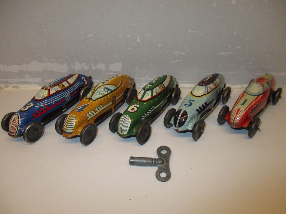Vintage 1940s Marx Tin Litho Windup Streamline Racers – 5 Cars with Working Key
