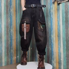 Womens Casual Denim Jeans Loose Drop Crotch Harem Trousers Baggy Pants Fashion