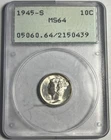 1945-S MERCURY SILVER DIME GRADED PCGS MS64 OGH OLD RATTLER HOLDER