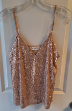 Rose Gold Sequin Tank Top Womens Small Sparkly Party Club Cami Holiday Glam