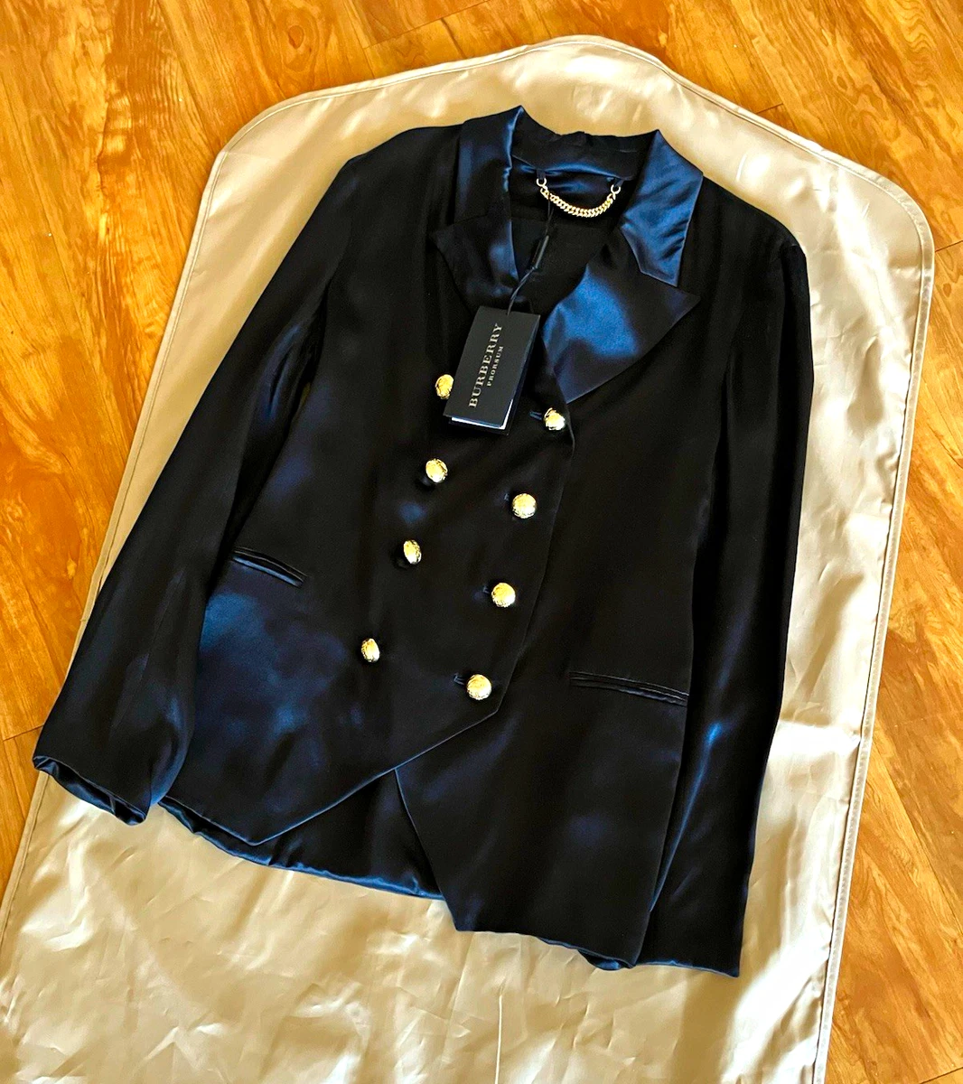 Blazer para mujer Burberry Prorsum negro satinado doble botonadura forrado 36