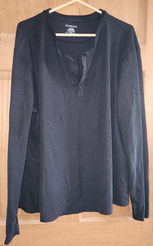 Men’s Fruit Of The Loom Thermal Shirt BLACK /w button crew neck sz 4XL euc