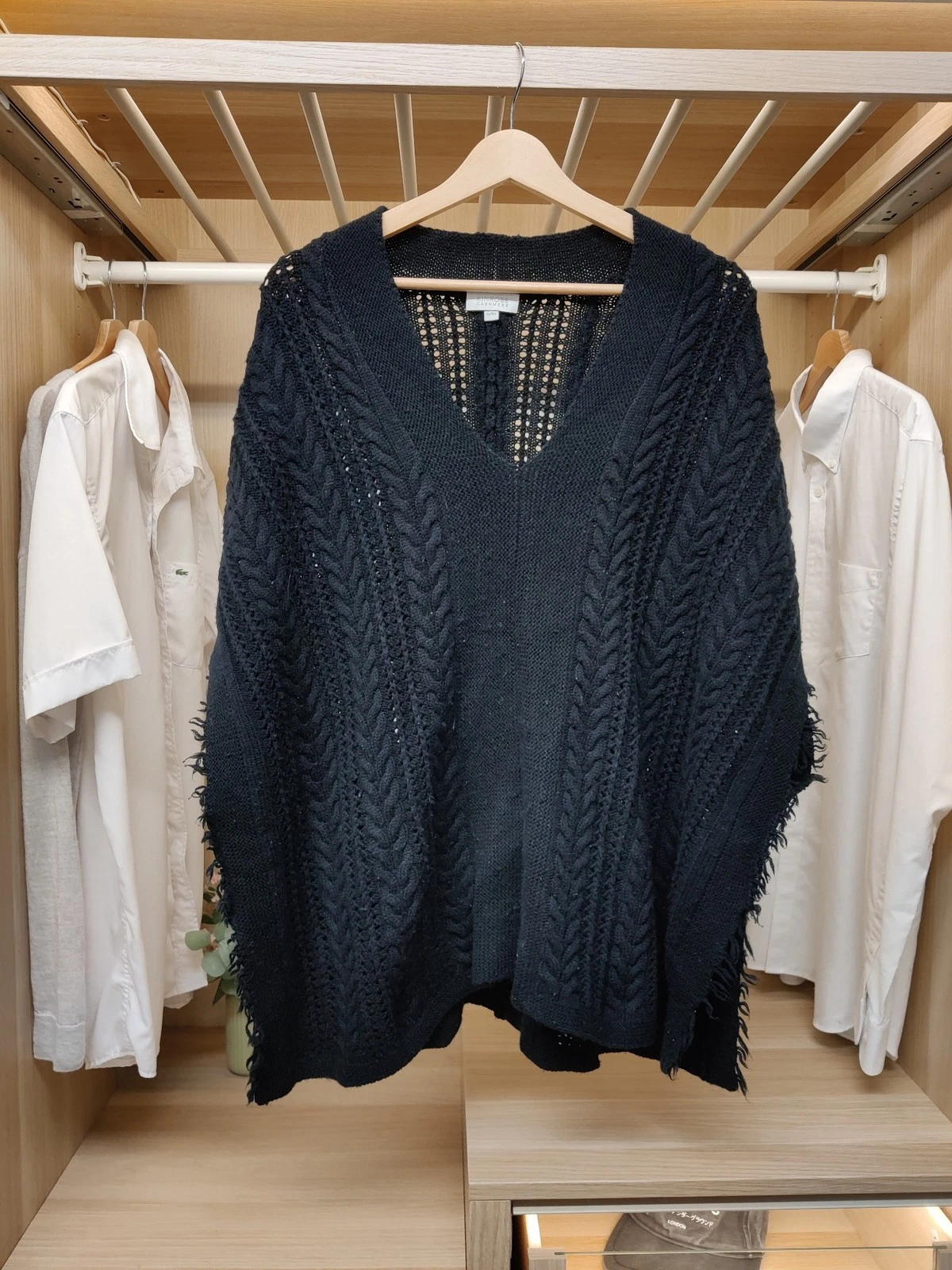 KINROSS CASHMERE PONCHO JUMPER CAPE LARGE XLARGE BLACK WOOL CABLE KNIT WOMENS