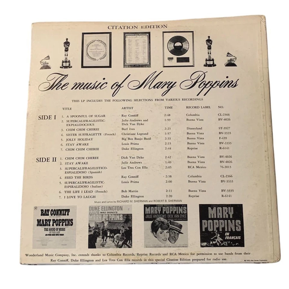 The Music of Mary Poppins LP Soundtrack Disney Vinyl 1964 Citation Edition - Image 2 of 2