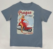 Vtg Prague Czech Republic T-Shirt Mens Small(Estimated) Blue Cezeta Scooter Girl
