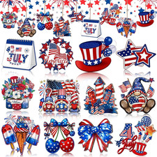 12Pcs 4Th of July Tree Decorations Red White and Blue Wooden Ornaments with Amer