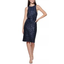 Eliza J Navy Blue Cocktail Party Dress Sequined Sleeveless Midi Sheath Size 8