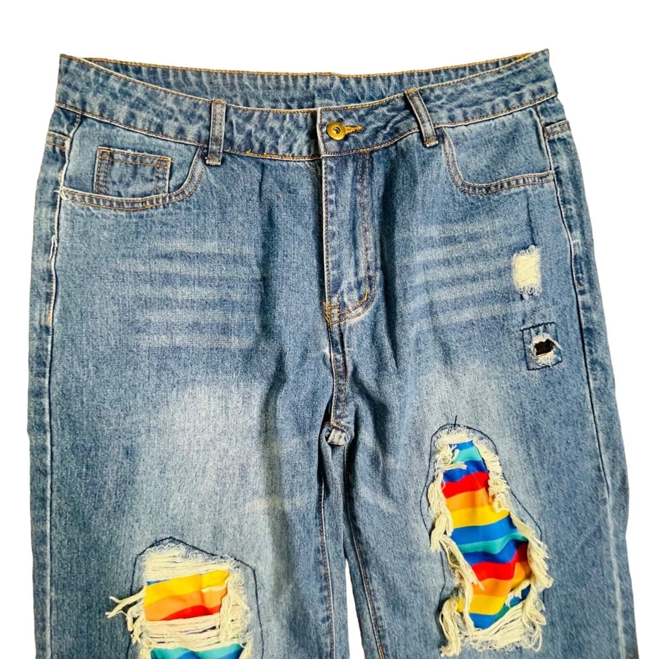 Rainbow Patch Blue Jeans Trendy Large - Image 4 of 4