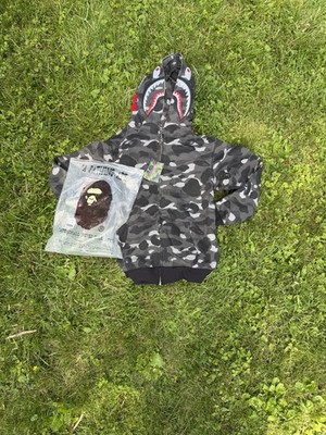 Bape Men's Hoodie Jacket Black/Grey Camo Shark Full Zip Size Small