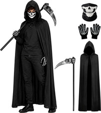 Halloween Grim Reaper Hooded Cloak Cape Costume Scary Cosplay Party Outfit Set
