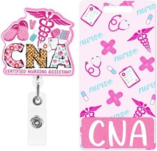 CNA Badge Reel and Buddy, Pink Retractable ID Holder and Glitter Badge Card f...