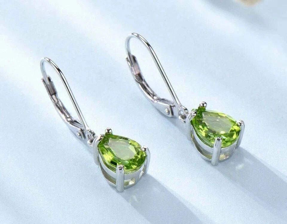 2.1 Ct Pear Cut Green Peridot Diamond Drop/Dangle Earrings 14K White Gold Plated - Image 2 of 4