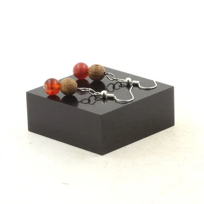 Boucles D'oreilles 2 Perles Agate rubanée + bois 8 mm en acier Fabriqué en Fran - Photo 1/2