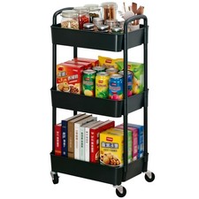 3-Tier Plastic Rolling Utility Cart with Wheels for Storage,Black