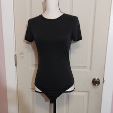 Elodie Black Fitted Fit Short Sleeve Crewneck Thong Back Bodysuit Size L