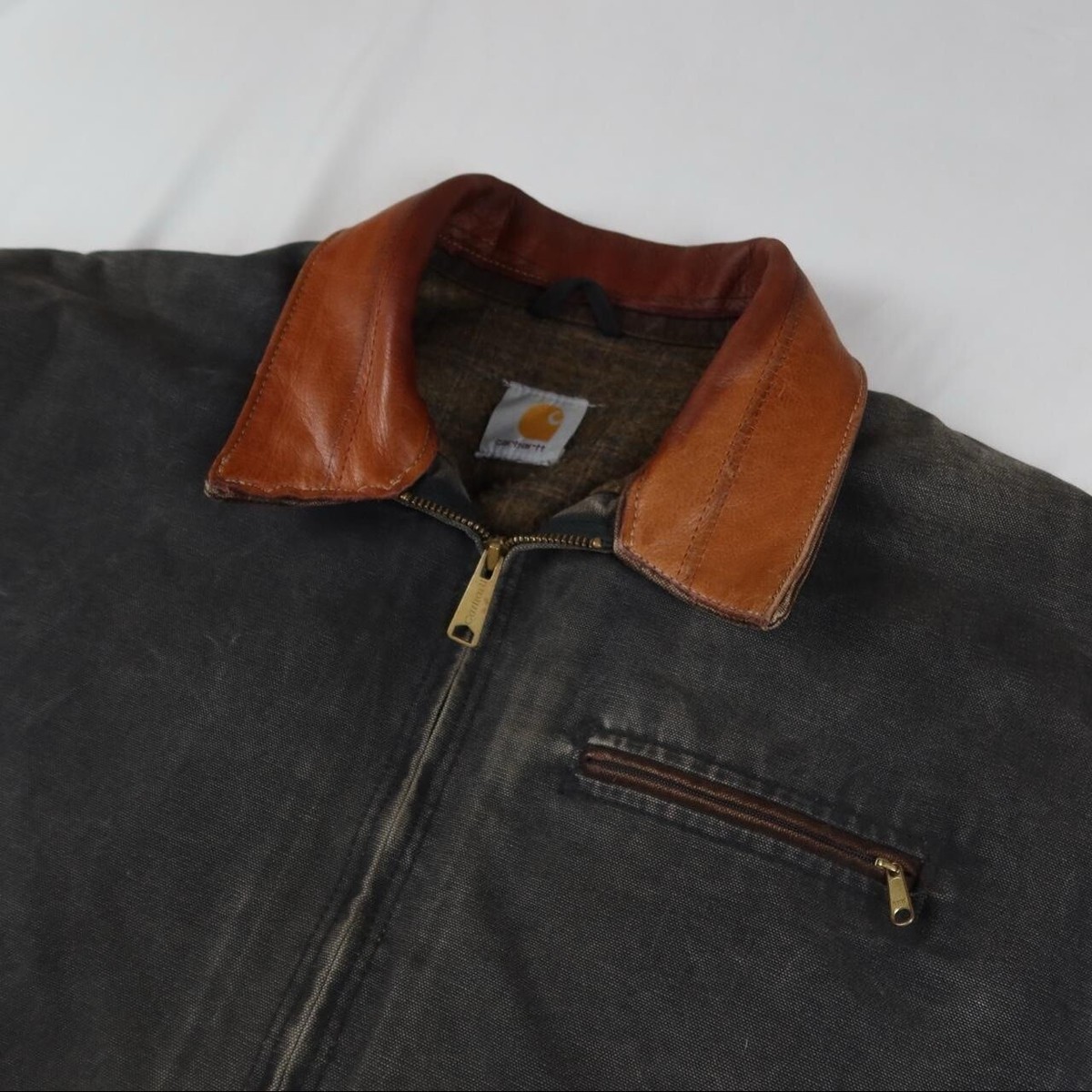 Vintage Carhartt Detroit Jacket Patina Leather Accents Faded Vintage Carhartt Detroit Jacket Patina Leather Accents Faded