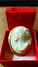 Vintage Gemme  Brosche  Gie&szlig;harz Frauenbild goldfarben Fassung Geschenk Box