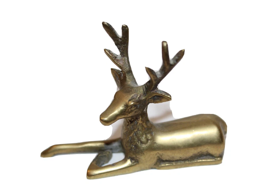 Petite Sculpture Statue Laiton Cerf Doré Art Décoration Vintage - Photo 1/4