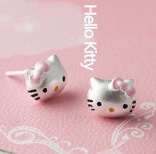 Adorable 3D Pink Bow Hello Kitty Cat Kitten Silver Stud Earrings