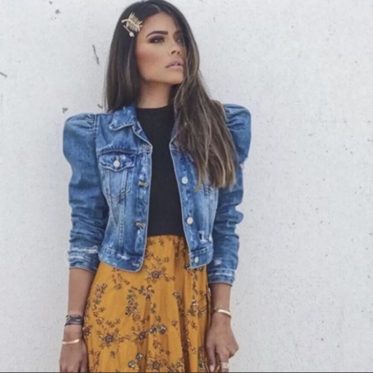 Zara jean store jacket puff shoulders