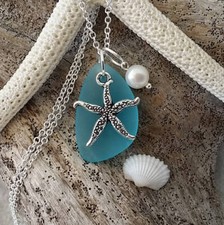 Made in Hawaii, Blue sea glass necklace, Starfish charm, Fresh water pearl,
