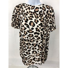 H n M Top Women Size 8 Shades of Brown Leopard Print Short Sleeves Round Necklin