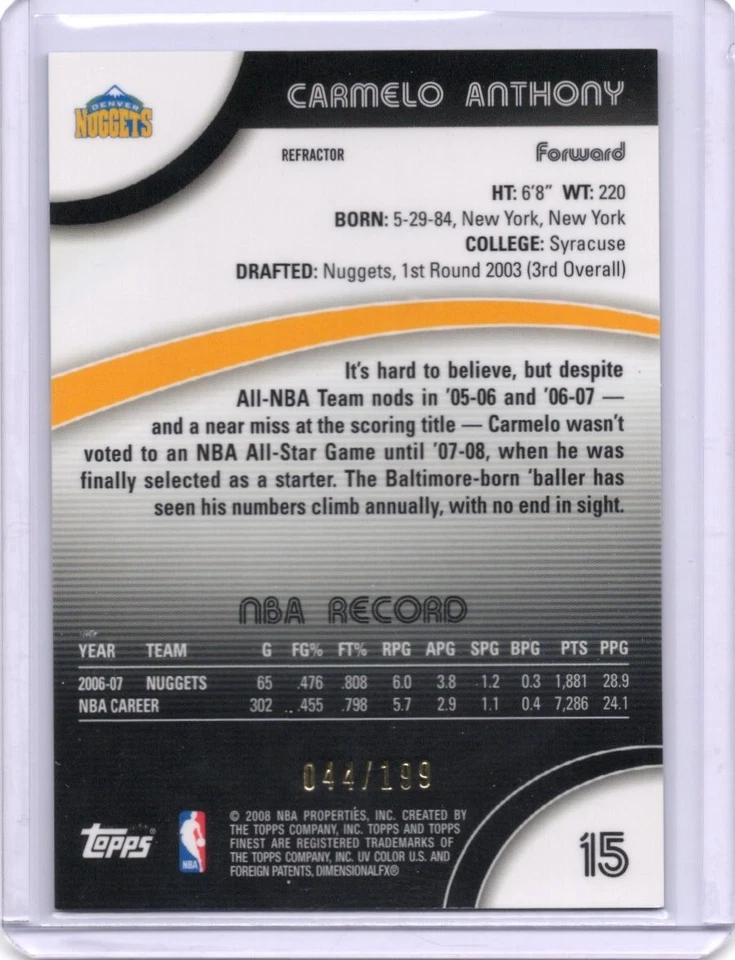 2008 Topps Finest - Carmelo Anthony - #15 - Refractor (#044/199) - Image 2 of 2