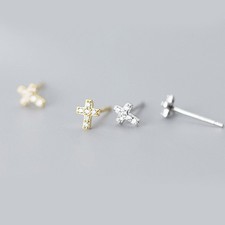 925 Sterling Silver TINY Cross CZ Stud Earrings 5mm A1847