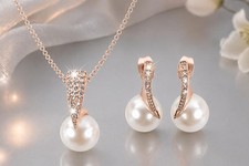 Perlen Set Hochzeit Braut Schmuckset Strass Kette Ohrringe Ohrstecker goldfarbig