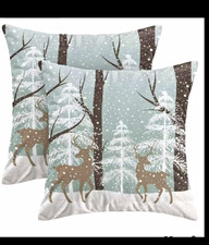 Set of 2 Winter Deer Forest Square Polyester Pillow Covers Gray Brown White
