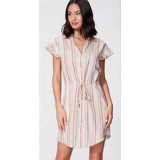 PAIGE Womens Striped Lyocell Button Front Drawstring Shirt Dress White Pink New
