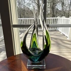 Hand Blown Murano Sommerso Art Glass Sculpture Green Blue Free Form Design READ