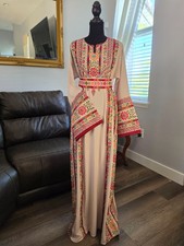 Beige Jordanian Palestinian Thobe Dress Abaya Full Colorful Embroidery tatreez