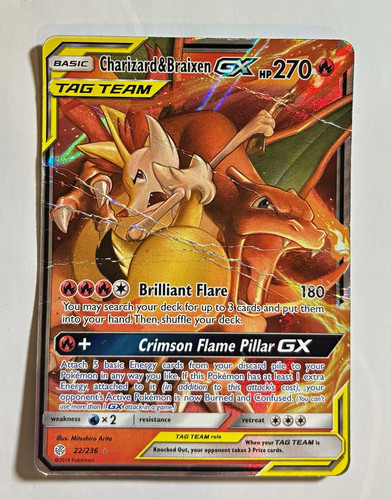 Charizard & Braixen GX TAG TEAM 22/236 SM Cosmic Eclipse — VERY DMG Condition