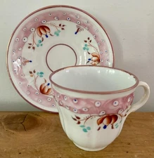 Antique 19C English Sprig Soft Paste Pink Copper Luster Cup Saucer Set Handpaint