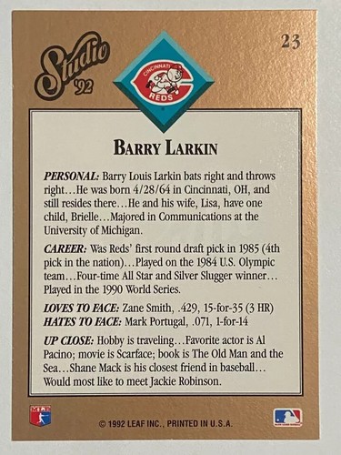 1992 Studio - Barry Larkin #23 - Picture 2 of 2