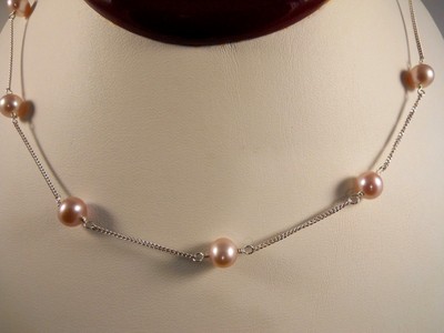 Sterling Silver, AAA Purple Freshwater Pearl Station Necklace
