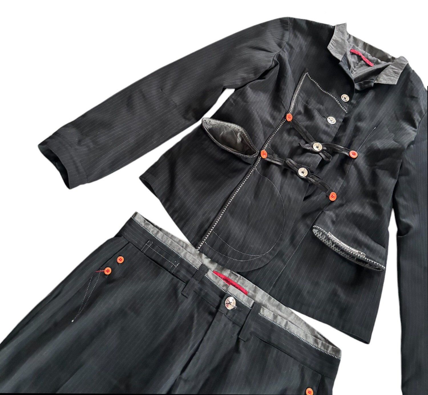 Ensemble Gilet Et Pantalon Large Noir à Rayures - Marque Marithé Et François Girbaud - Taille 40 - Occasion TB