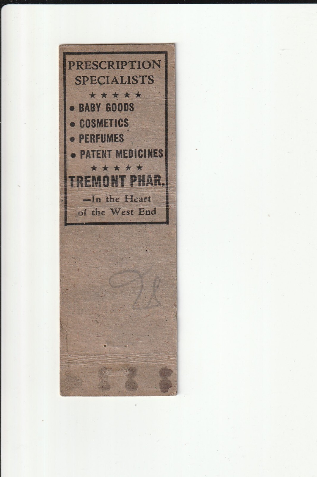 THE TREMONT PHARMACY 276 COURT ST. NEW BEDFORD MASS. VINTAGE MATCHBOOK